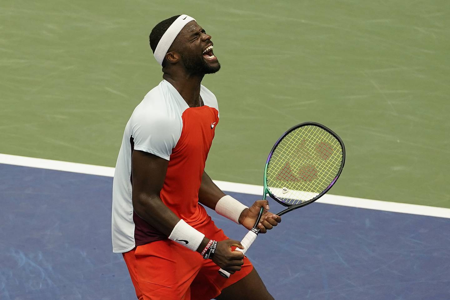 Frances Tiafoe, of the United States, reacts after defeating Andrey Rublev, of Russia, during the quarterfinals of the U.S. Open tennis championships, Wednesday, Sept. 7, 2022, in New York.