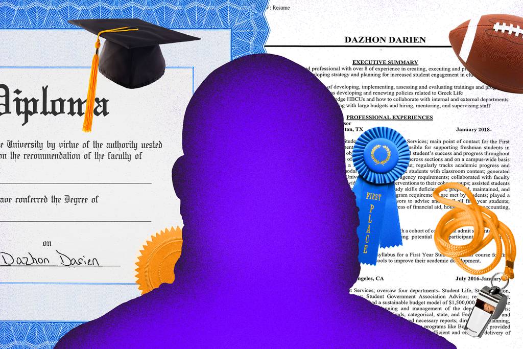 Photo collage of silhouette of a bearded man cut out of generic diploma and resume with name “Dazhon Darien” on top. Scattered around the image are images of a mortarboard, football, first place ribbon and whistle on a yellow lanyard.