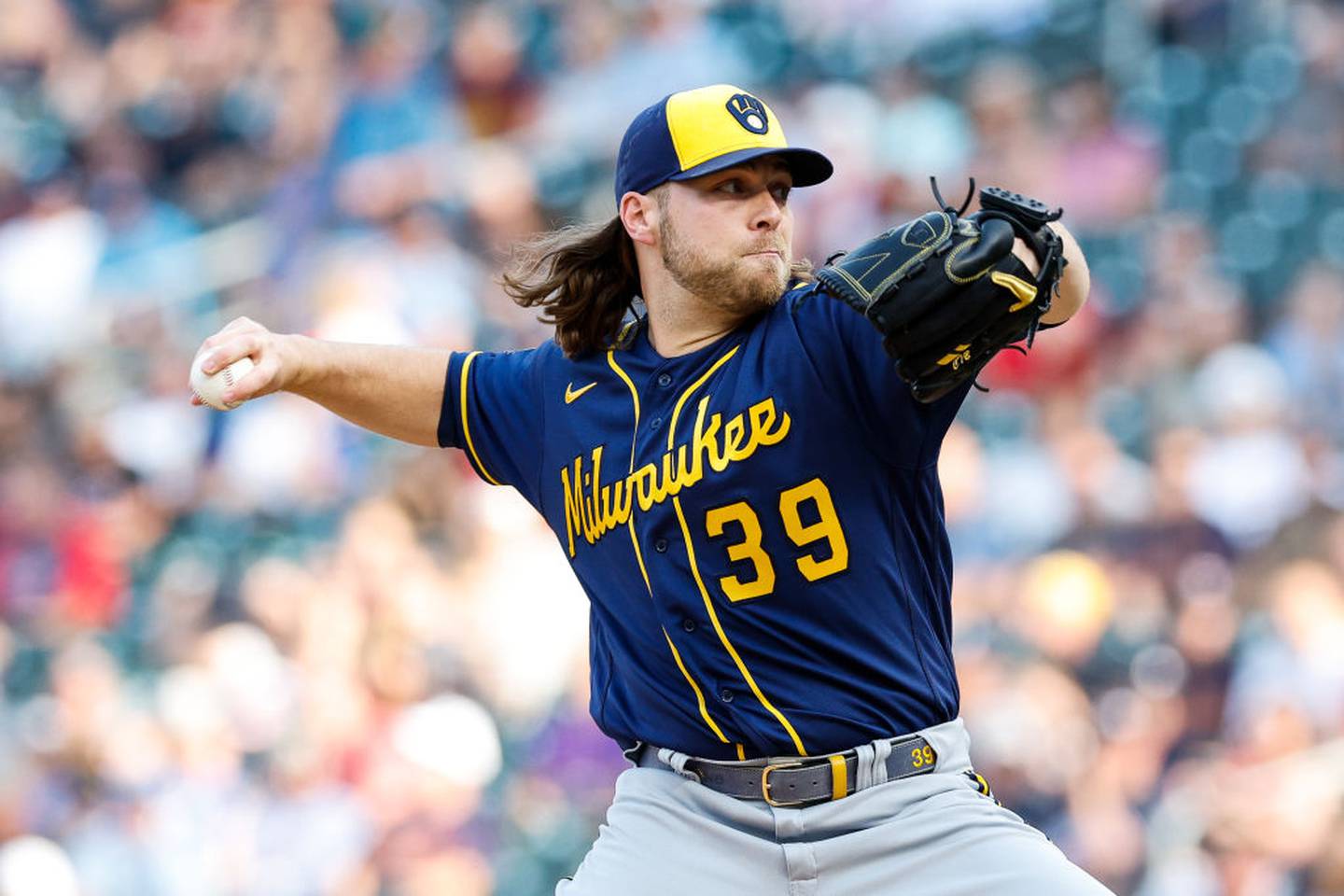 MINNEAPOLIS, MN - JUNE 13: Corbin Burnes #39 of the Milwaukee Brewers delivers a pitch against the Minnesota Twins in the first inning at Target Field on June 13, 2023 in Minneapolis, Minnesota.