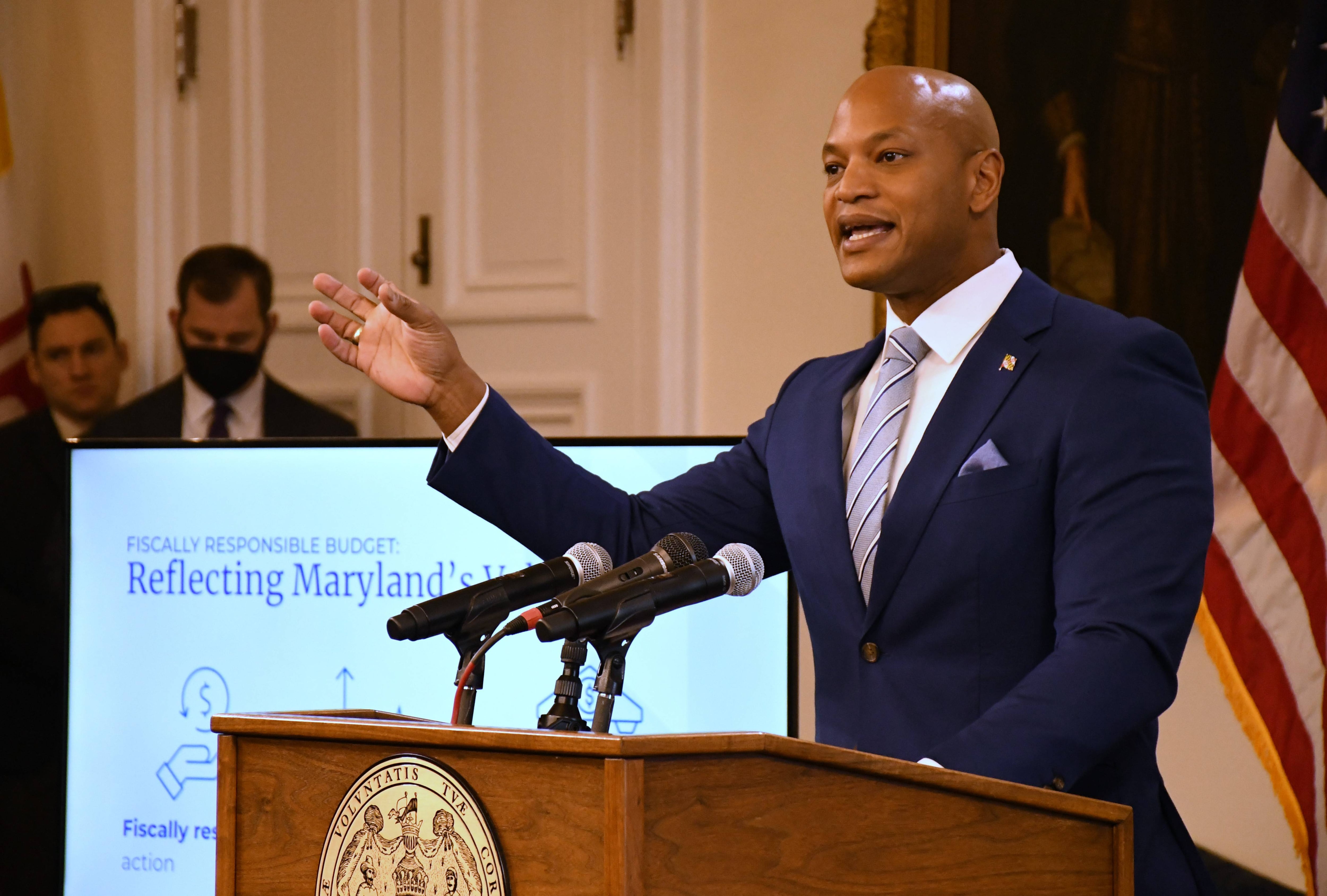 Maryland Gov. Wes Moore holds a State House news conference to discuss his proposed $63.1 billion budget on Wednesday, Jan. 17, 2024.