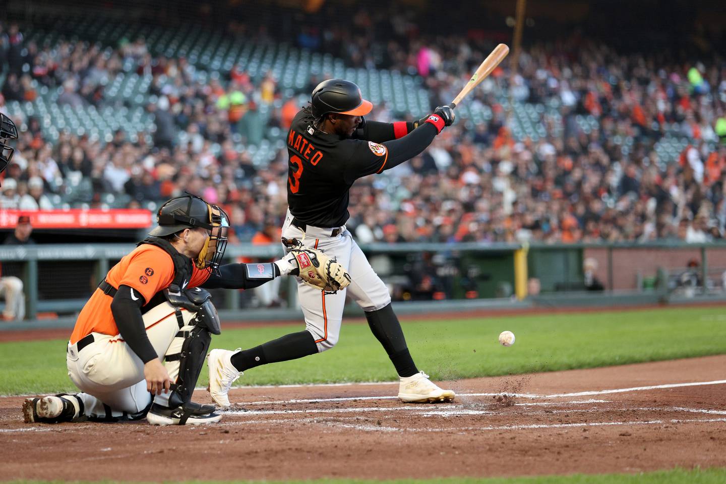 Jorge Mateo #3 of the Baltimore Orioles hits an infield single that scored a run against the San Francisco Giants in the second inning on June 02, 2023 in San Francisco, California.
