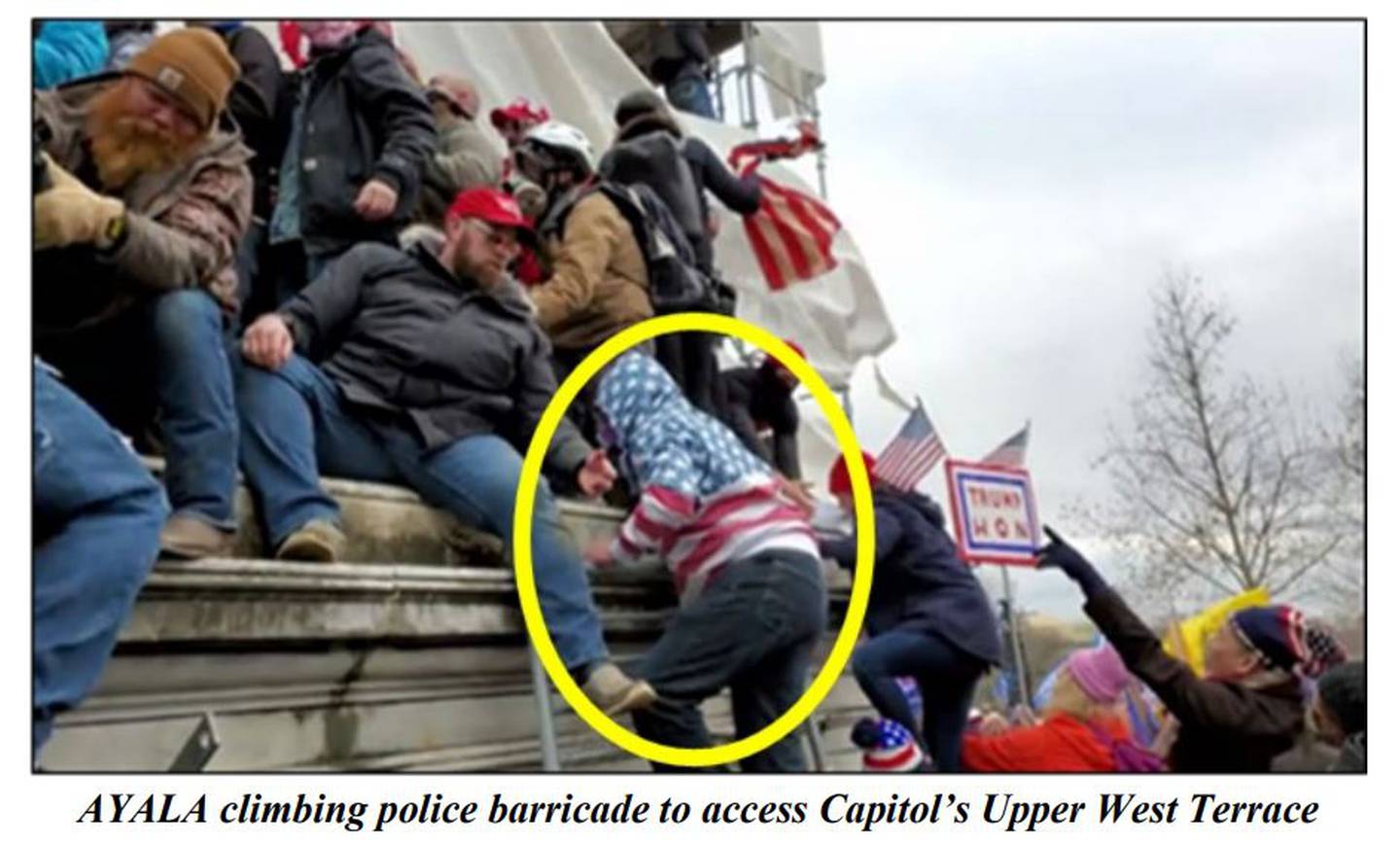 An image from federal court documents allegedly shows Carlos Ayala at the U.S. Capitol on Jan. 6, 2021. Ayala is charged with civil disorder and other charges.