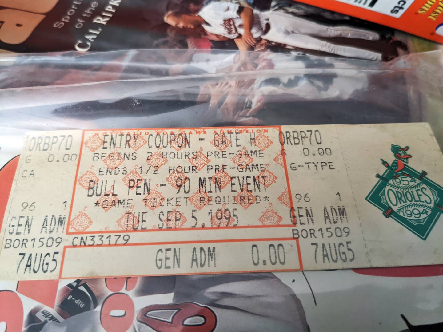 A photo of a ticket from a September 5, 1995 bullpen event.