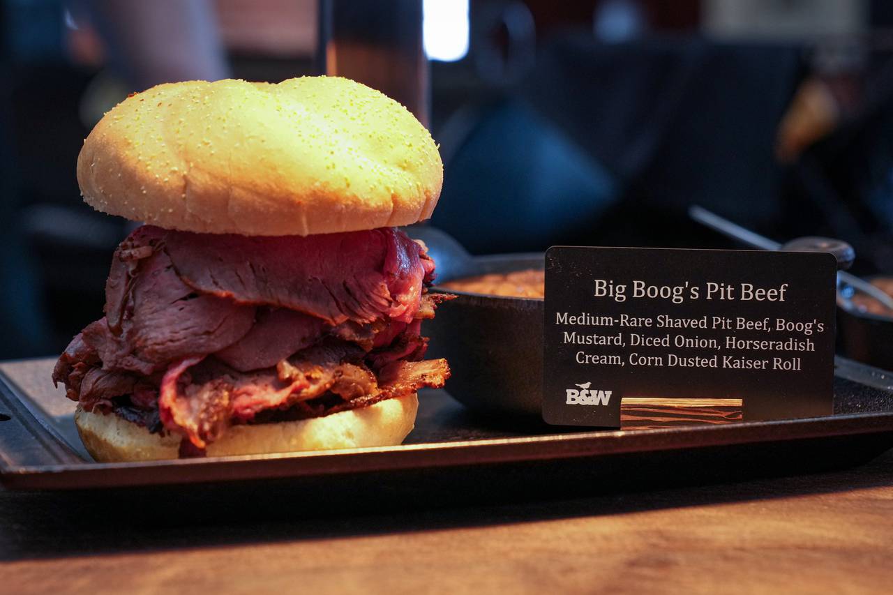 Big Boog’s Pit Beef sandwich is on display during a media preview in Oriole Park at Camden Yards on Wednesday, March 29.