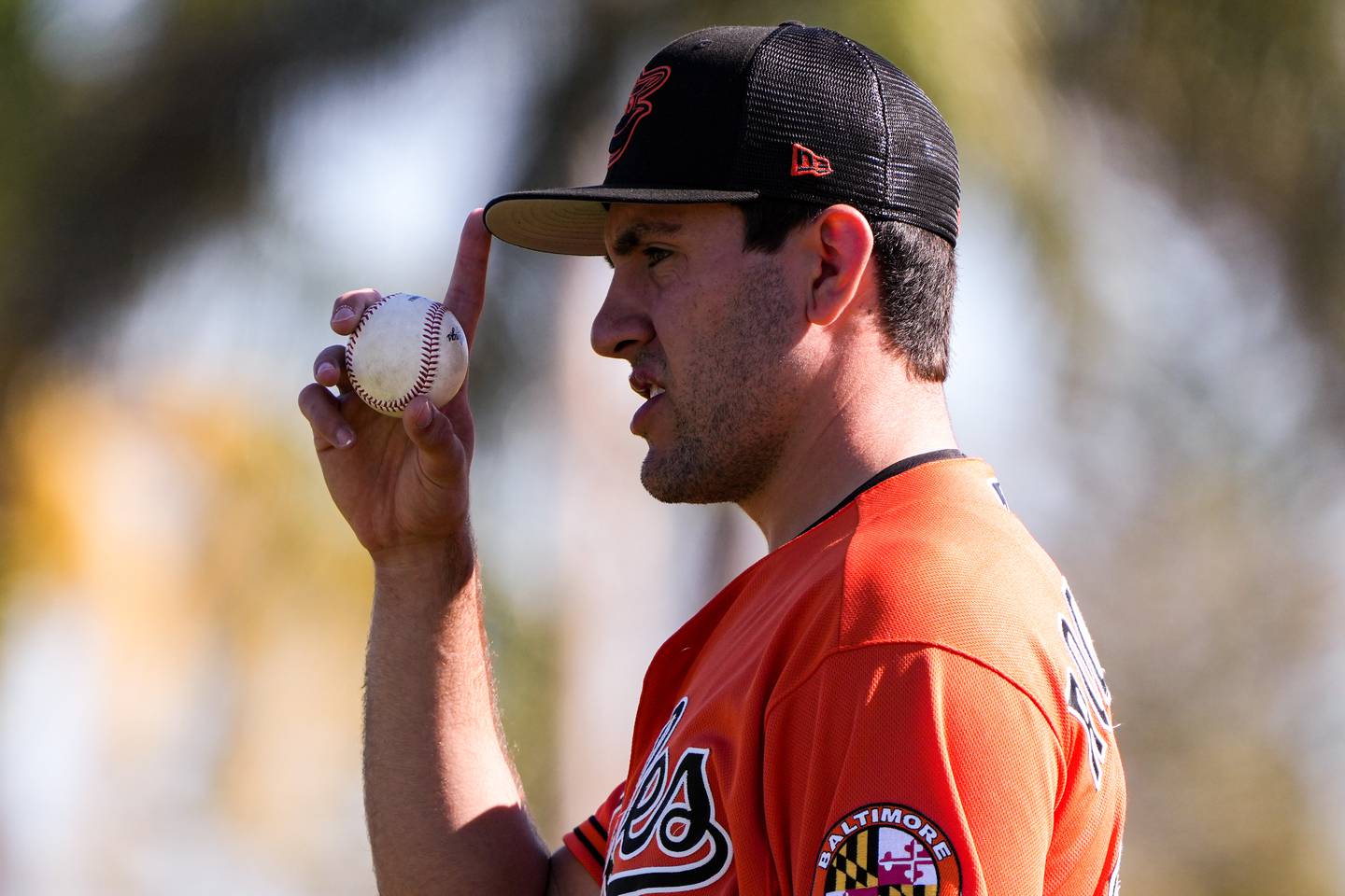 Orioles pitcher Grayson Rodriguez (85) prepares a pitch during practice at Ed Smith Stadium in Sarasota on 2/22/23. The Baltimore Orioles’ Spring Training session runs from mid-February through the end of March.