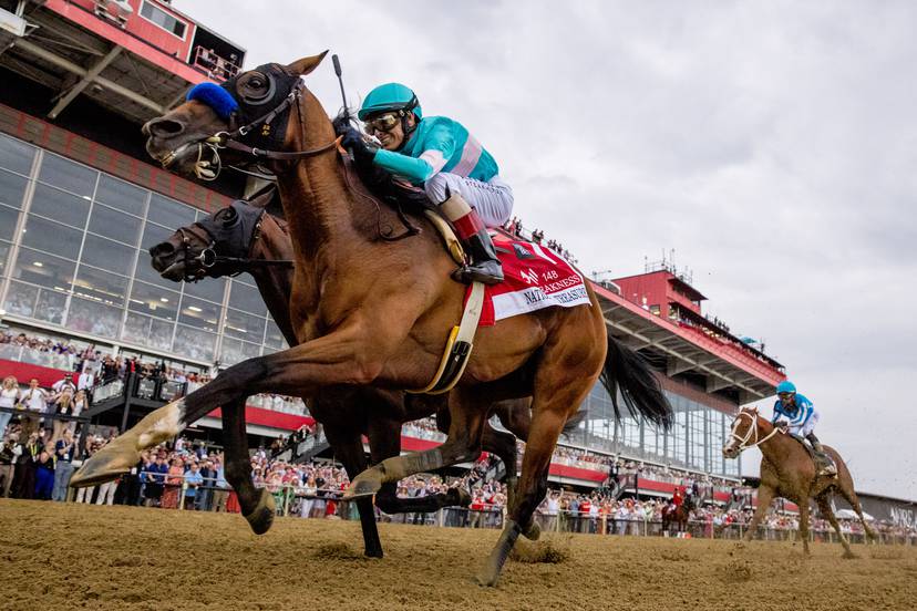 National Treasure, #1, ridden by jockey John Velazquez, wins the Preakness Stakes on Preakness Day at Pimlico Race Course in Baltimore, Maryland on May 20, 2023.
