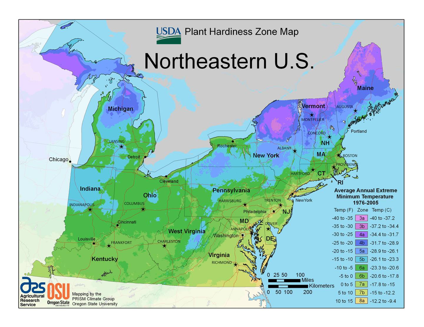 The USDA plant hardiness zone map for the north east.