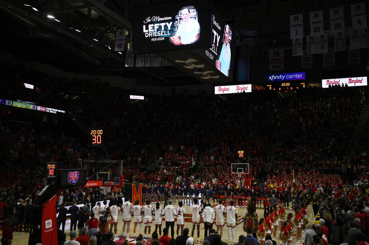 The image of the late Lefty Driesell is displayed on the scoreboard before an NCAA college basketball game between Maryland and Illinois, Saturday, Feb. 17, 2024, in College Park, Md. (AP Photo/Nick Wass)
