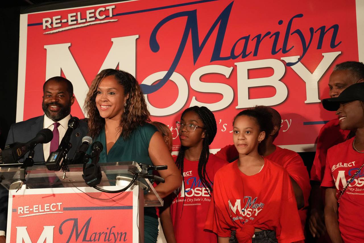 Surrounded by family and supporters, Baltimore City State’s Attorney Marilyn Mosby takes the stage to address the crowd at Melba’s Place shortly before midnight the day of Maryland primary election.
