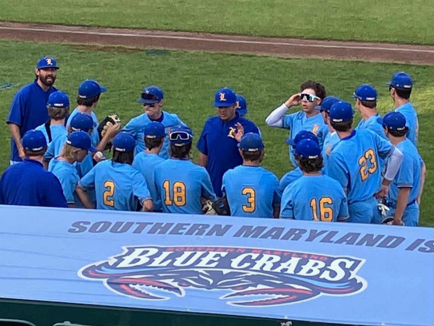 Liberty gathers in front of its dugout before Tuesday's Class 2A state baseball semifinal matchup with Patuxent. The Carroll County champs jumped out to a 3-0 lead but was unable to hold it as Patuxent rallied for a 5-4 victory at Regency Furniture Stadium in Southern Maryland.