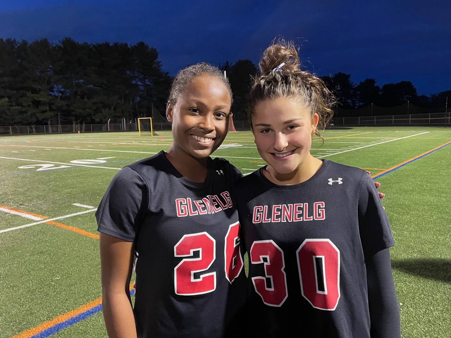 Glenelg midfielder Kamryn Henson (26) scored seven goals and goalie Emily Altshuler (30) made seven saves as the No. 7 Gladiators rolled past No. 15 Mount Hebron, 15-1, Wednesday night to win their third straight Howard County girls lacrosse championship. The Gladiators finished unbeaten in the county for the third straight season.
