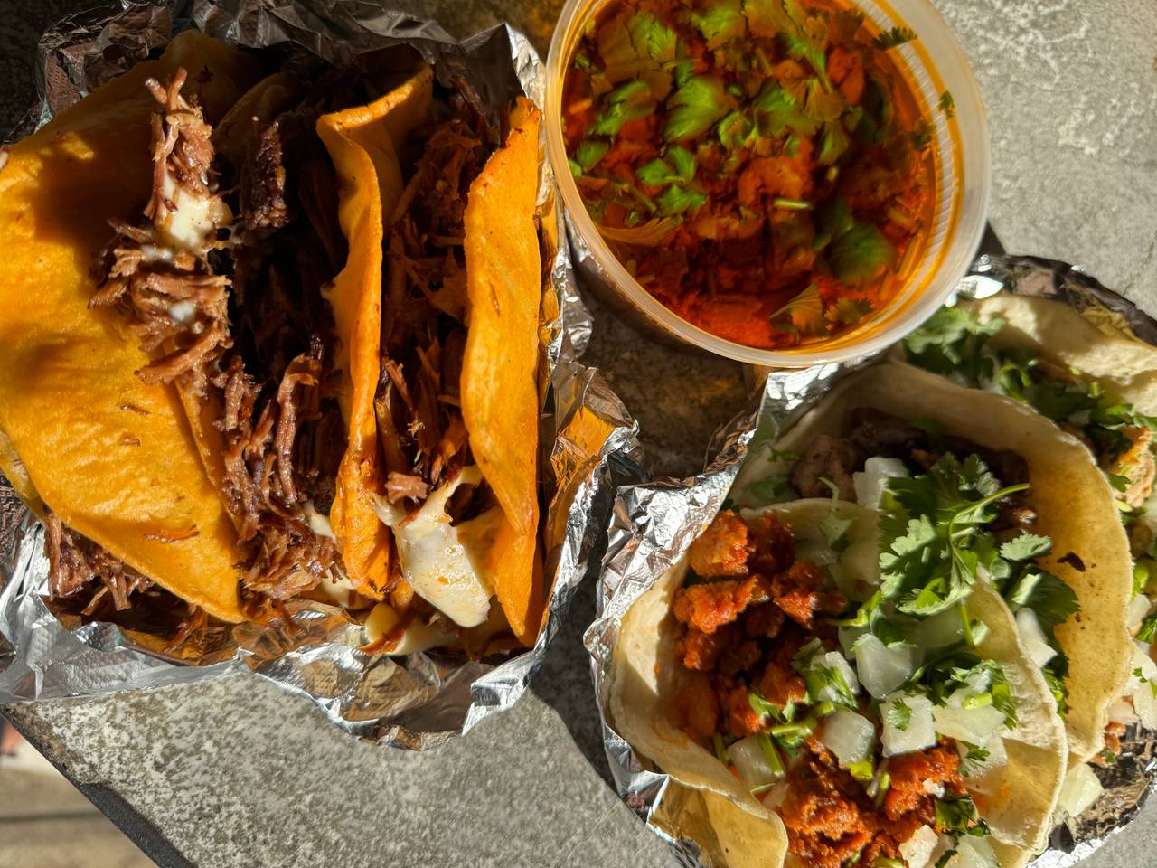 A variety of chicken, steak and chorizo tacos from Ruben's Mexican Food.