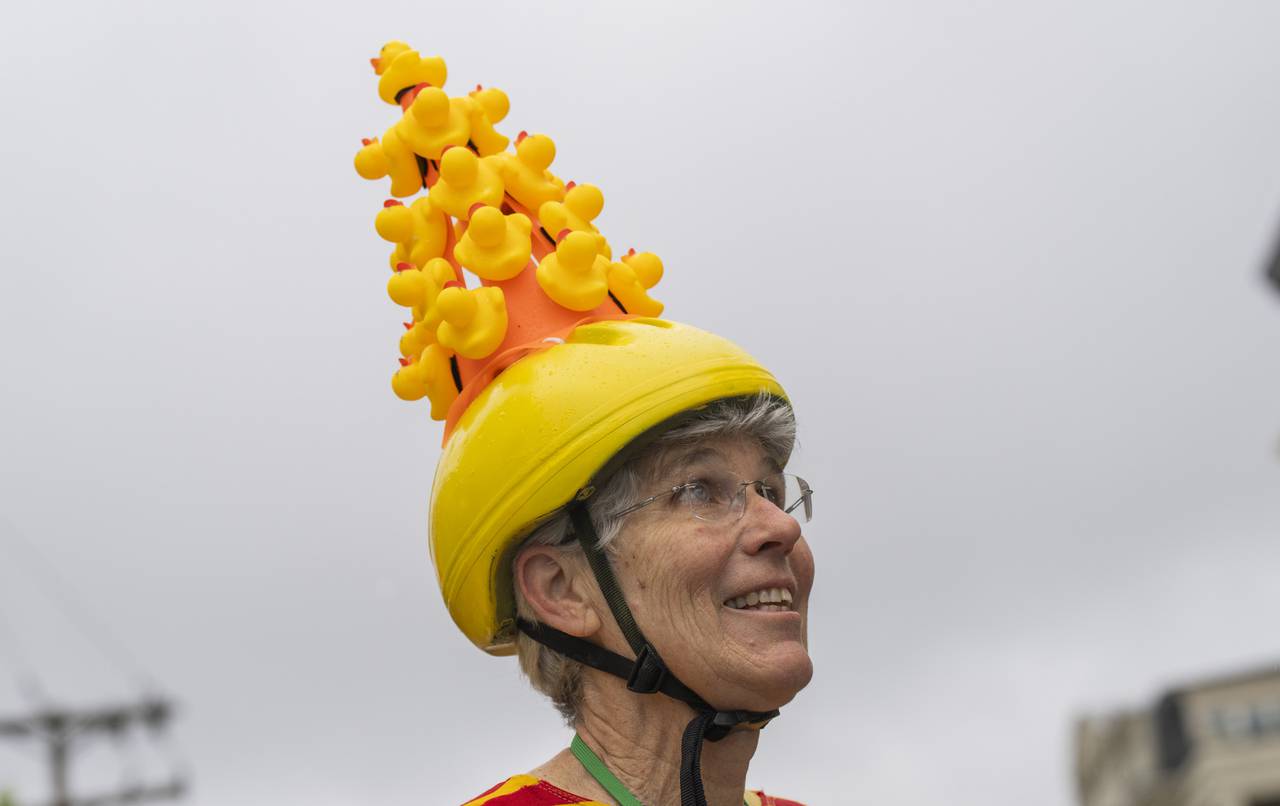 Lauren Bird from New Hope, NJ participate in the Kinetic Sculpture Race hosted by the American Visionary Art Museum on May 4, 2024. Her group is the "Soda Quackers" and it is their tenth year participating.