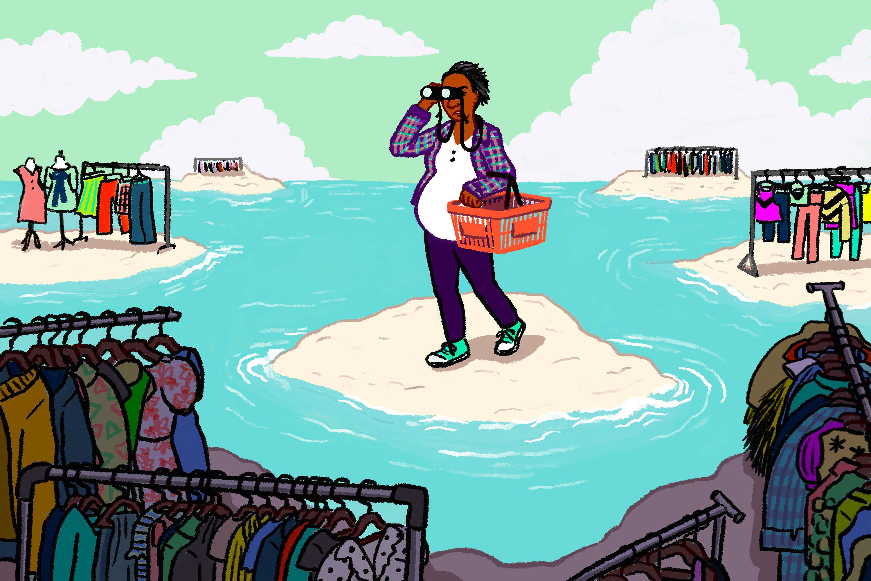 Illustration of pregnant Black woman standing on a tiny island with a shopping basket, looking through binoculars at clothing racks on islands that surround her.