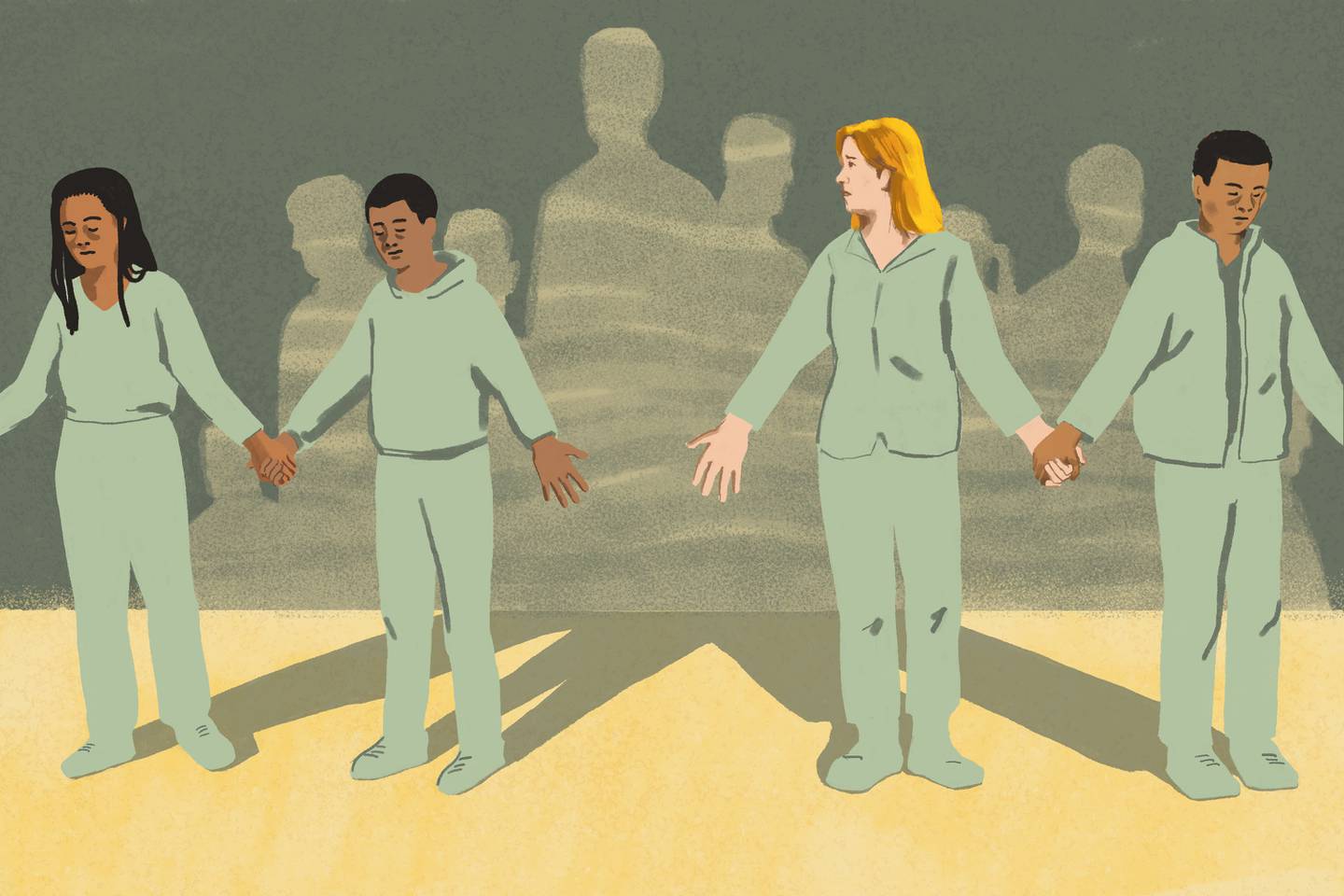 Illustration shows students and female teacher holding hands, with a gap in the middle of the image. They casts shadows which become the silhouettes of other people barely visible against the wall behind them.