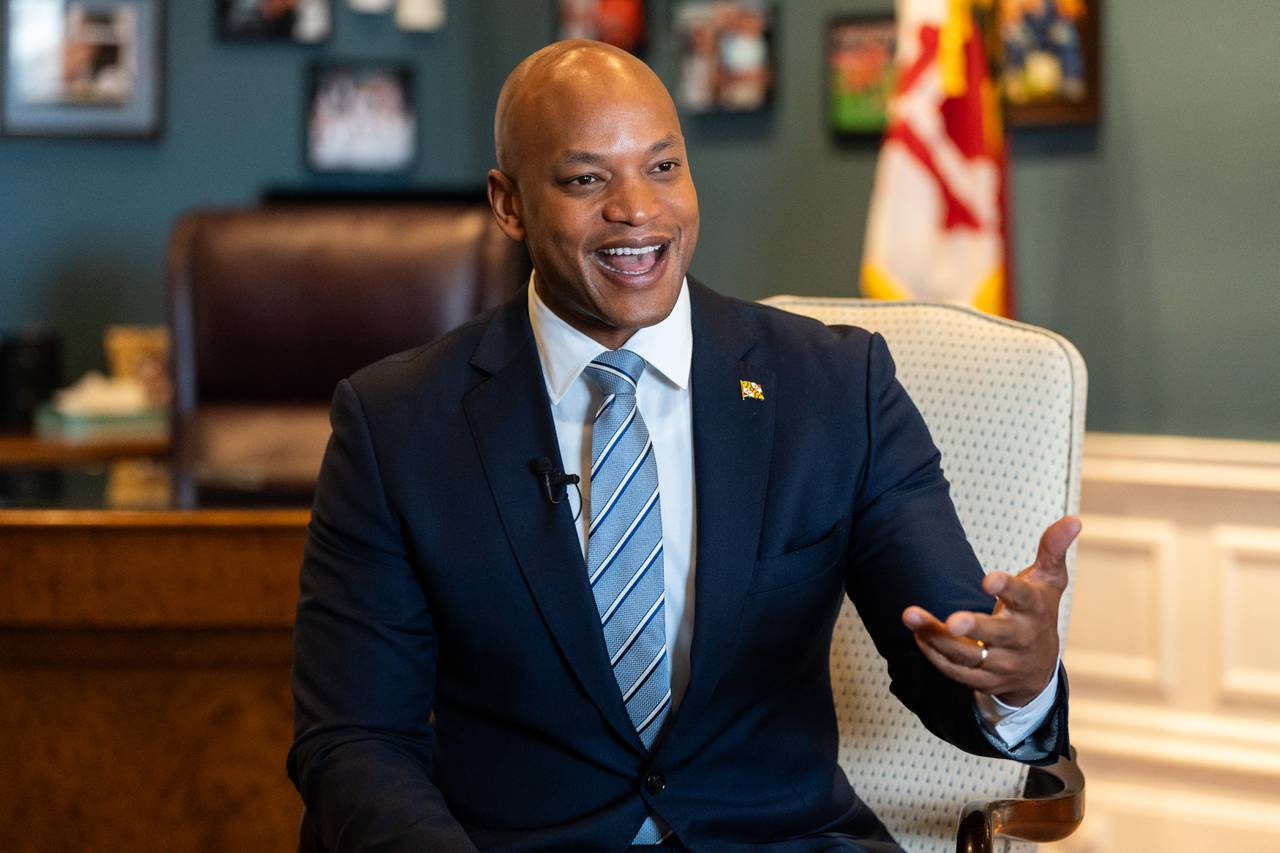 Gov. Wes Moore speaks in his office in the State House in Annapolis, Md. on Wednesday, Jan. 10, 2024.