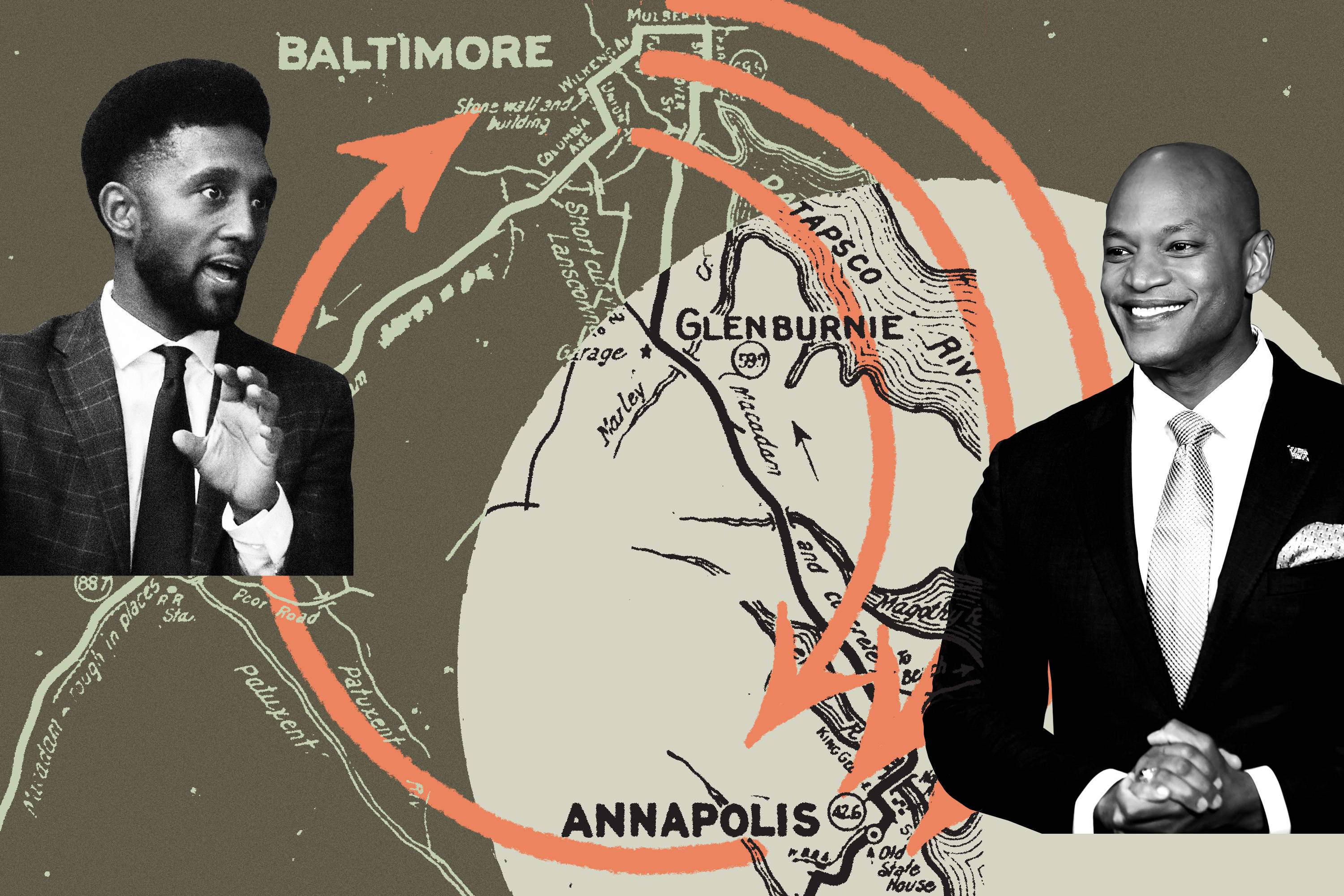 Illustration showing three arrows moving from Baltimore to Annapolis, and one from Annapolis to Baltimore. Brandon Scott is on left next to Baltimore and Wes Moore is on right next to Annapolis.
