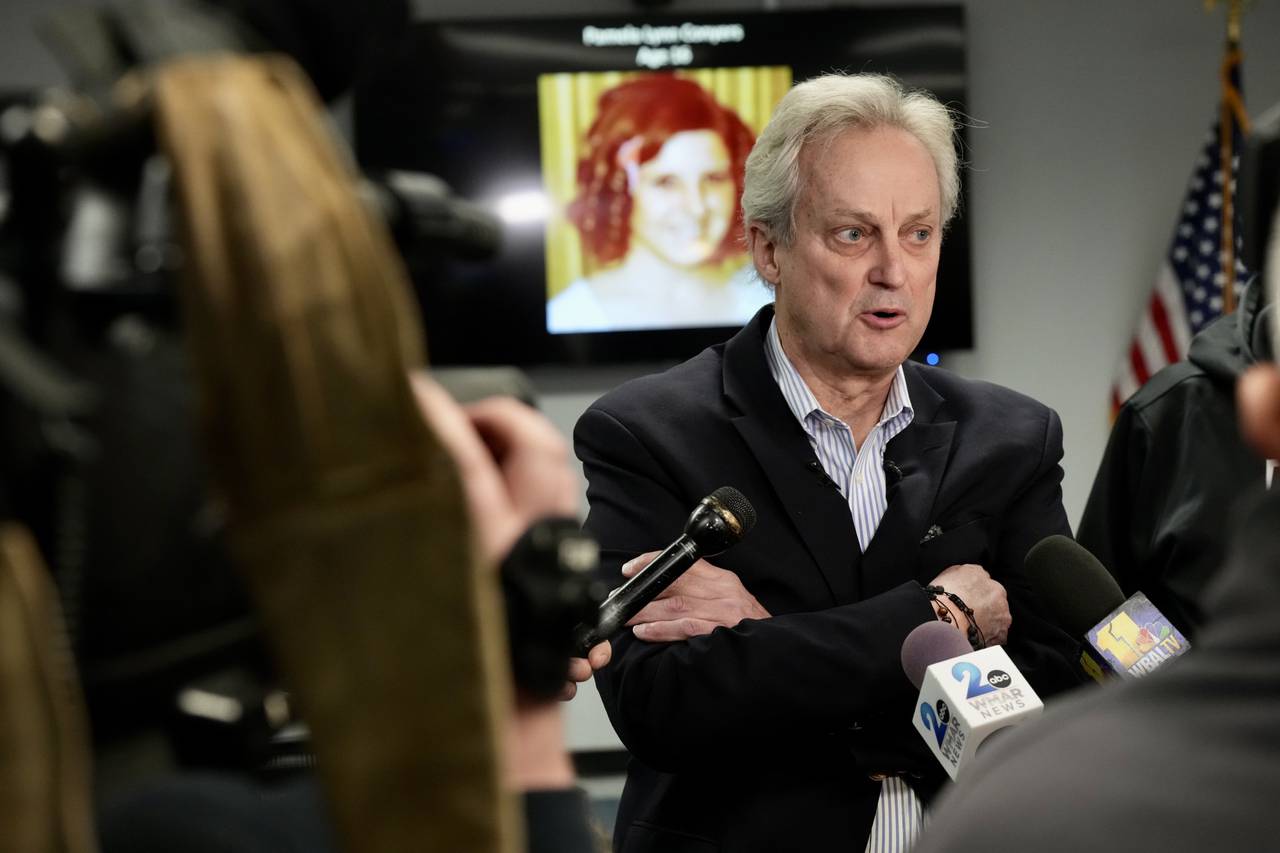 High school friend and former bandmate, Michael Golden class of ‘73, speaks on the 1970 murder of 16-year-old Pamela Lynn Conyers during a press conference at the Anne Arundel Police Headquarters on March 10, 2023.