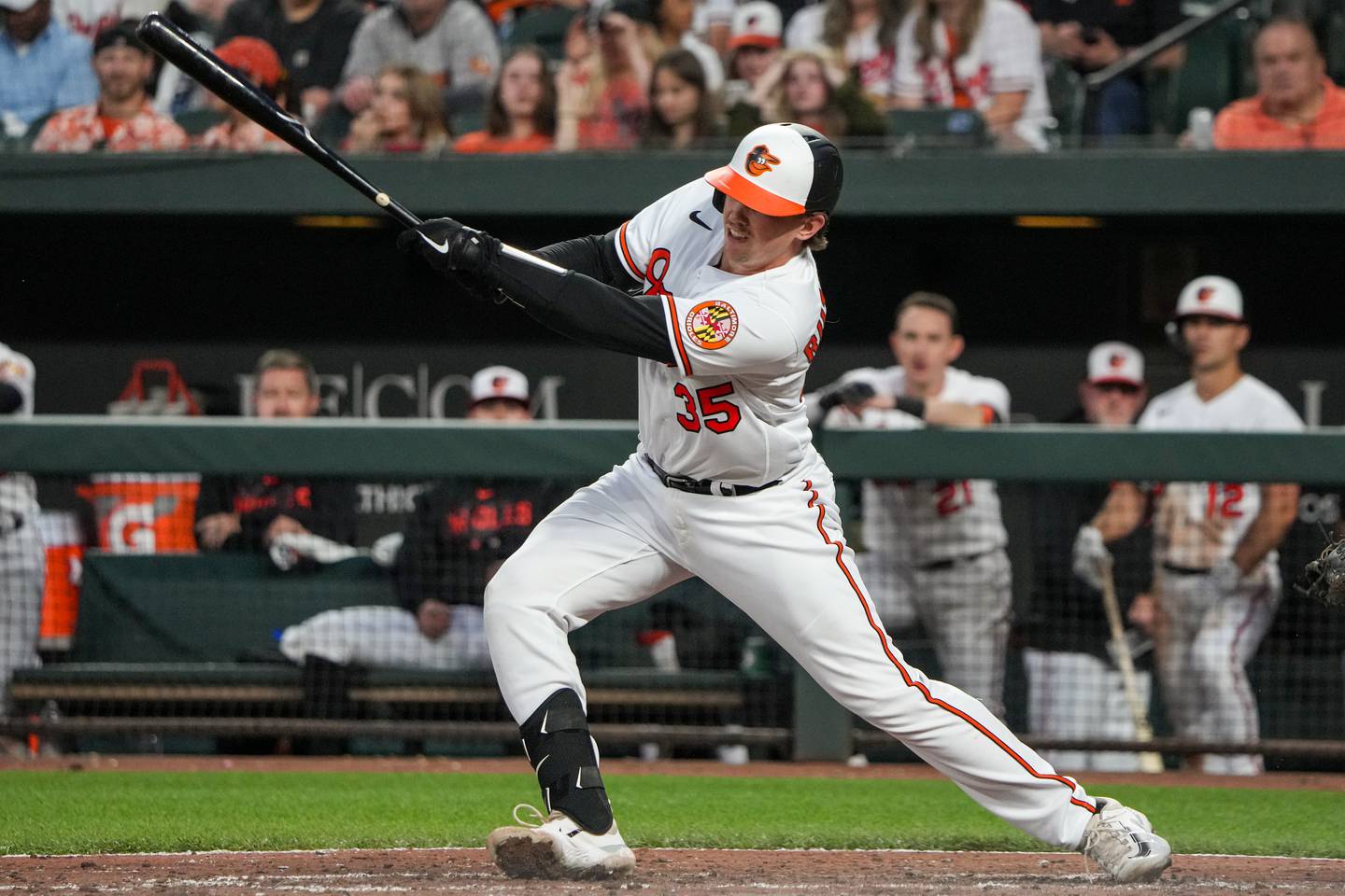 Baltimore Orioles catcher Adley Rutschman (35) singles in a baseball game against the Tampa Bay Rays at Camden Yards on Wednesday, May 10. The Orioles beat the Rays, 2-1, to win the 3-game series.