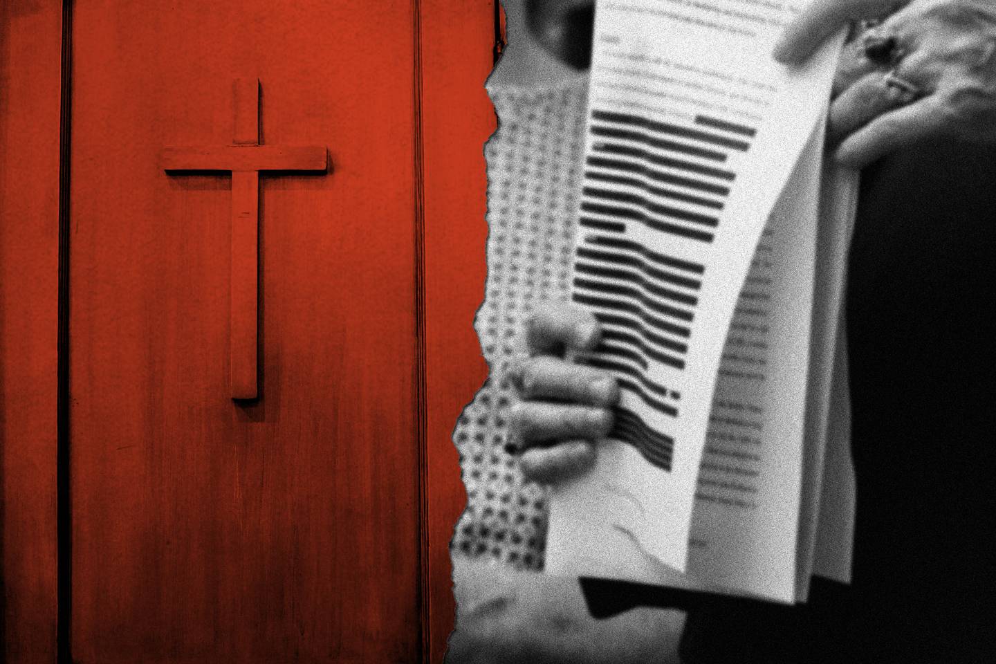 Photo collage of wooden confessional door with cross next to photo of abuse survivors holding printed pages with numerous black redaction bars hiding text.