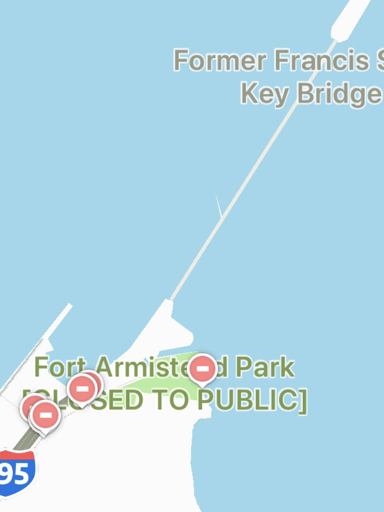 On Waze, the bridge is listed as the "former" Francis Scott Key Bridge, but the graphical representation of the bridge remains.