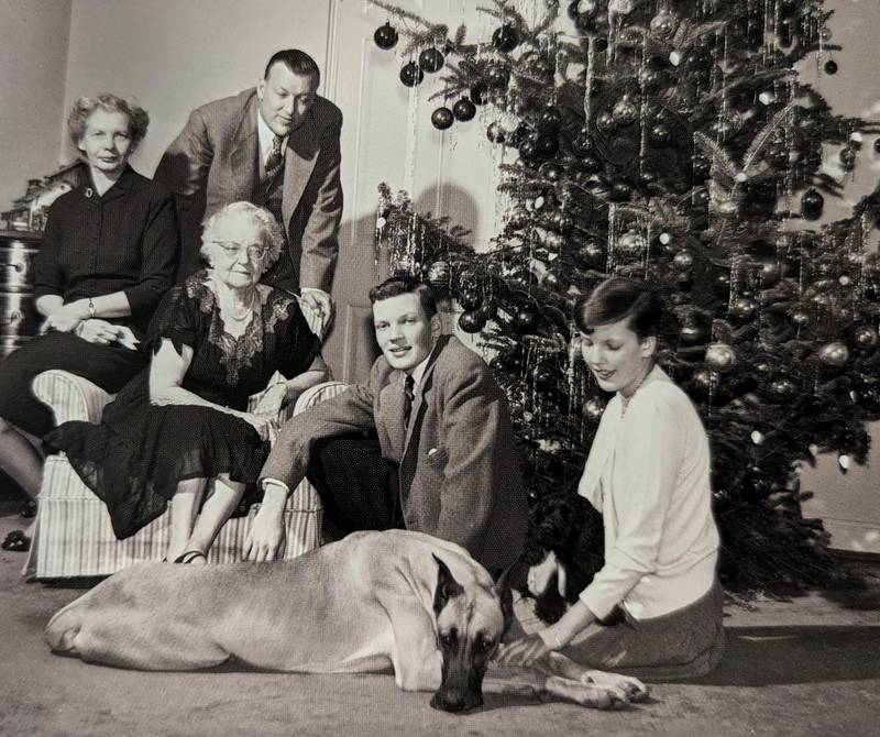 Gov. Theodore McKeldin and his wife, Honolulu, her mother Maude Manzer; their children Theodore Jr. and Clara and the family dog Suga in Government House.