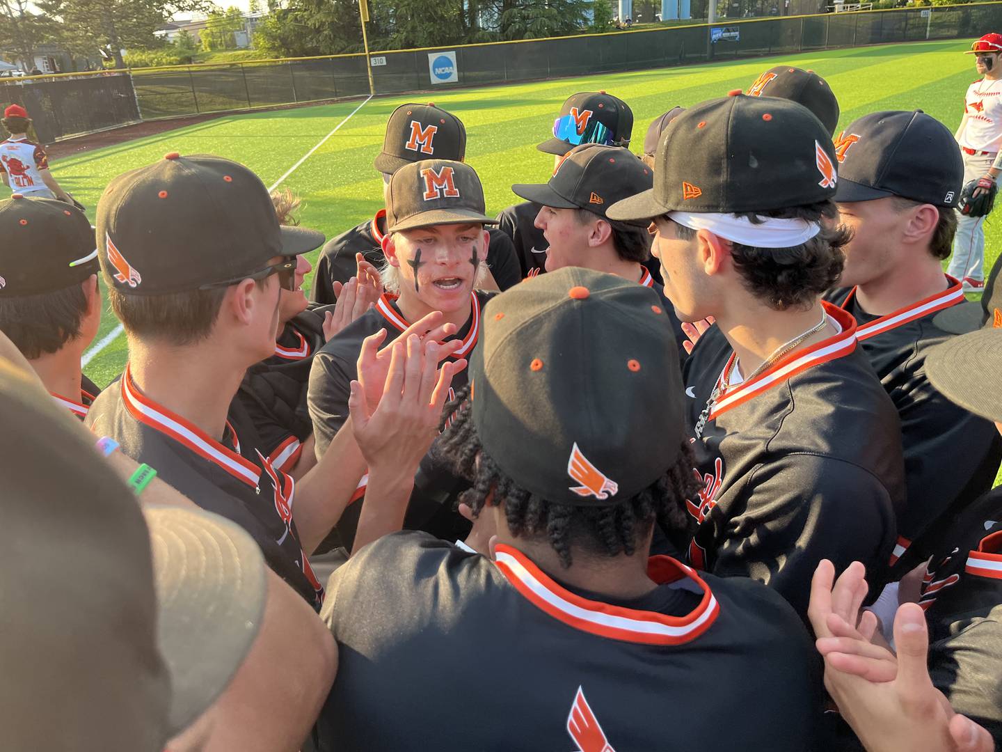 McDonogh's baseball team gathers after Sunday's victory over Gerstell Academy in the MIAA B Conference Tournament finals. The Eagles forced a decisive final game Monday afternoon with a 5-1 decision at Joe Cannon Stadium in Anne Arundel County.