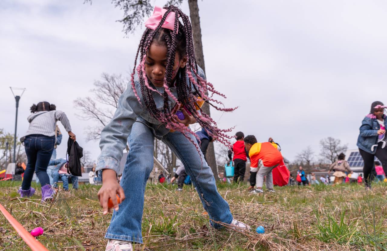 Zuri El-Wahhabi, 7, participates in the egg hunt. Parks & People Easter Egg Hunt, Mar 30 2024, Baltimore, MD.