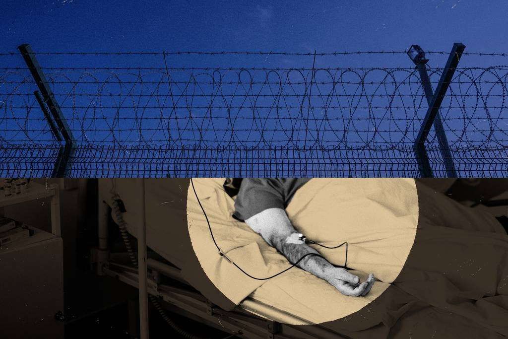 Photo collage showing, in top half, fence topped with barbed wire, and in bottom half, spotlight on a man’s arm as he lays in bed and receives blood transfusion through an IV.