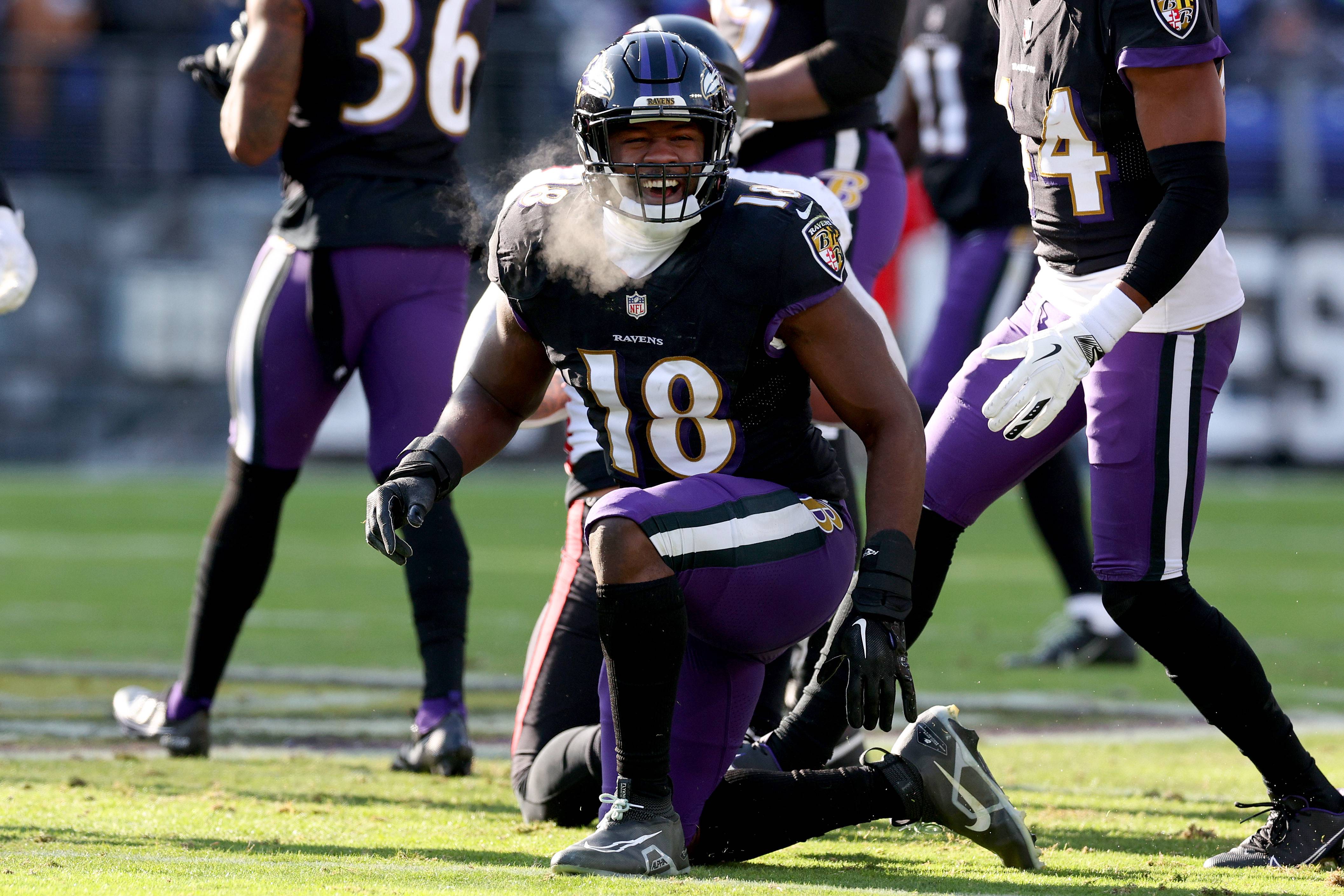 BALTIMORE, MARYLAND - DECEMBER 24: Roquan Smith #18 of the Baltimore Ravens celebrates after a play against the Atlanta Falcons during the first half of the game at M&T Bank Stadium on December 24, 2022 in Baltimore, Maryland.
