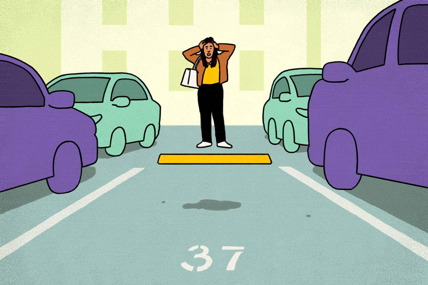Illustration of woman standing in parking lot in between parked cars, with empty parking space in front of her. She holds her hands on her head and her mouth is wide open in shock.