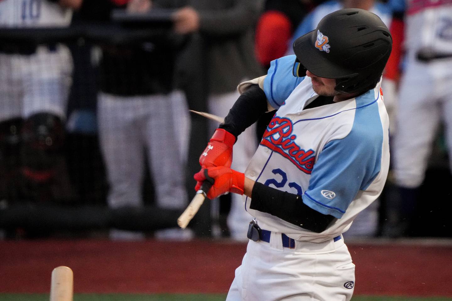 Aberdeen IronBirds outfielder Dylan Beavers (23) breaks his bat while swinging at a pitch in a game against the Hudson Valley Renegades at Leidos Field at Ripken Stadium on Tuesday, May 9. This game against the Renegades was Jackson Holliday’s home debut for the IronBirds.
