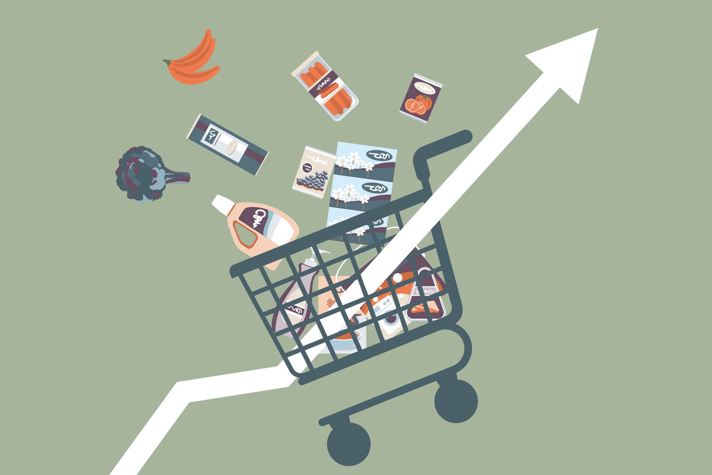 Illustration of a grocery cart with food and an arrow to indicate the rise in prices.