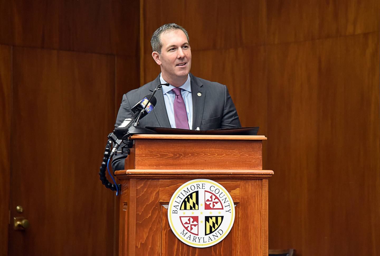 Baltimore County Executive Johnny Olszewski Jr. announces his budget proposal in the County Council chambers April 2022.