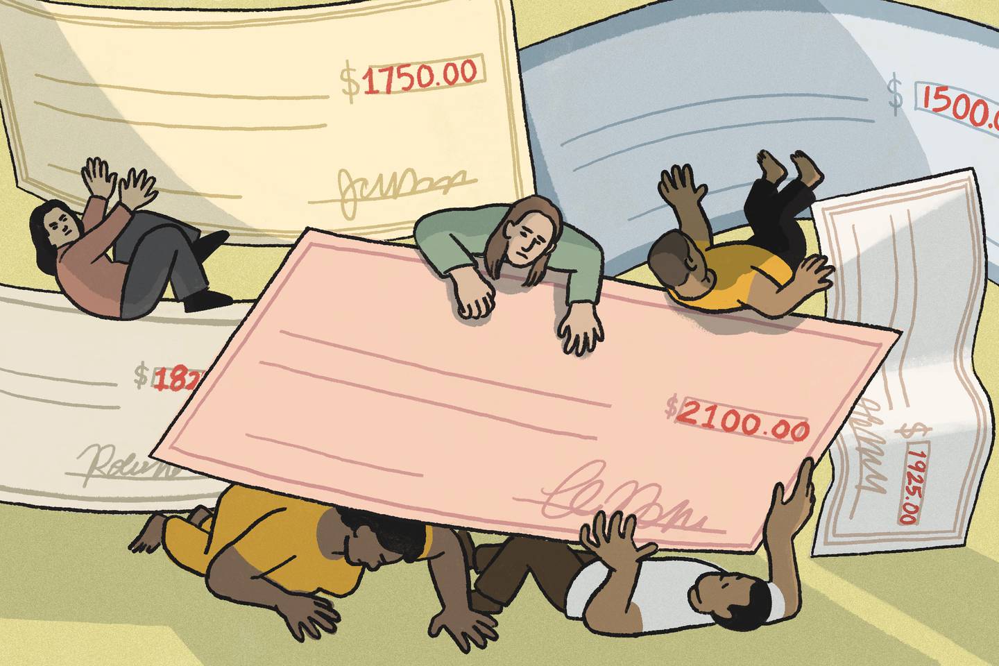 Various people crushed and flattened by giant checks