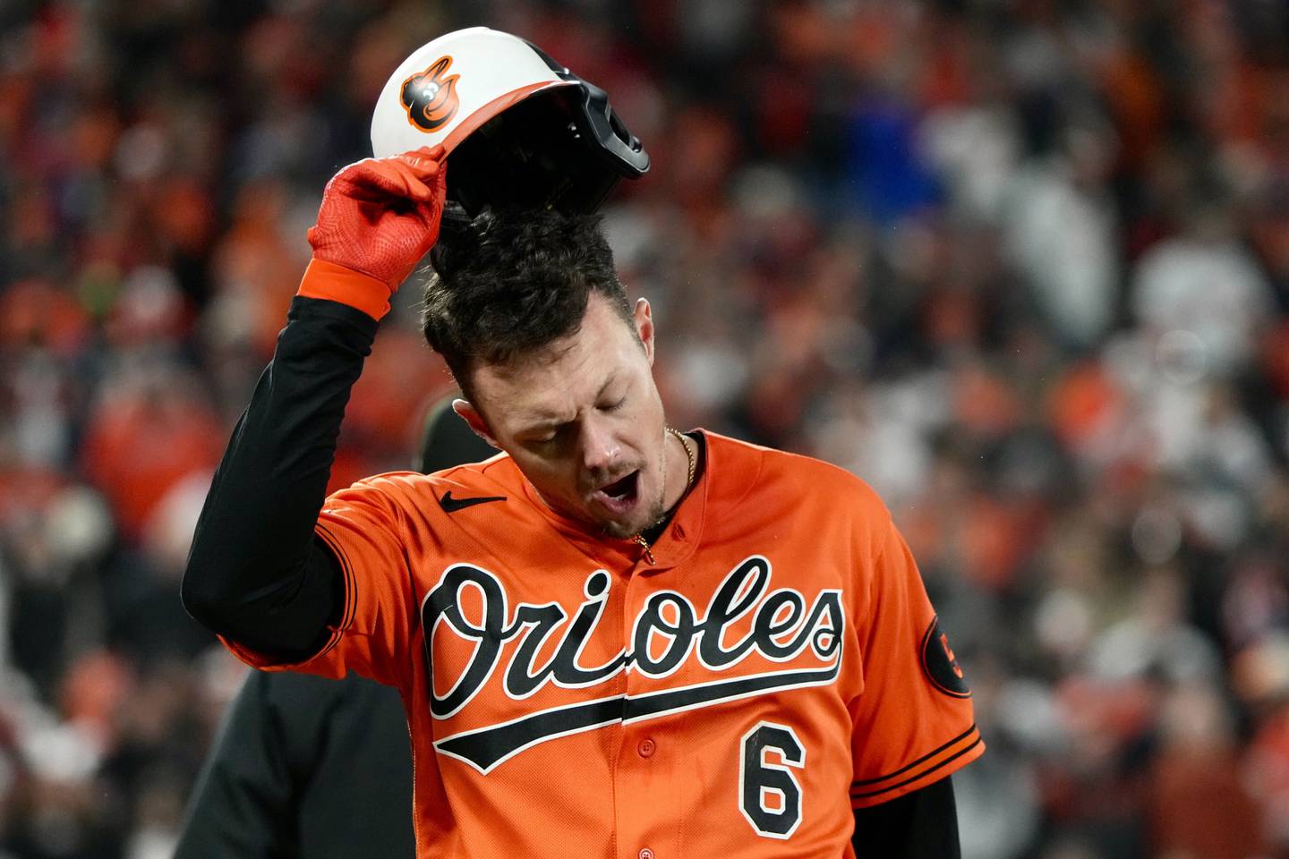 Orioles first baseman Ryan Mountcastle shows his frustration against the Texas Rangers in Game 2 of the ALDS at Camden Yards.