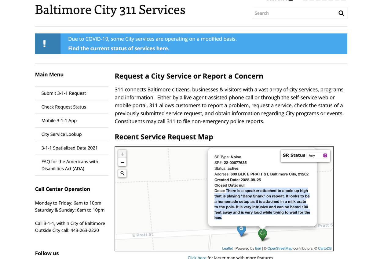 Baltimore City 311 Services received a complaint about a speaker playing "Baby Shark" on a loop on August 25, 2022. The screenshot was taken on August 26, 2022.