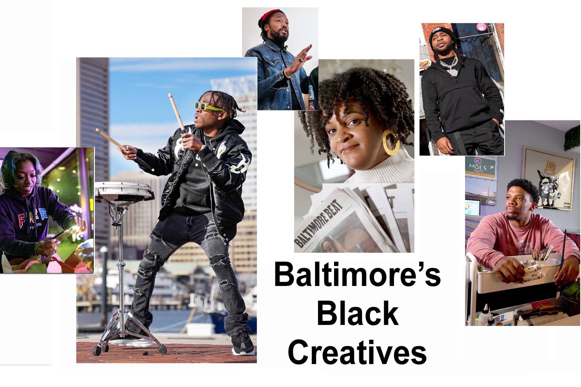 A collage of the top six Black creatives of 2023, according to The Baltimore Banner. (Left to Right: Britteny Howard, Timothy Fletcher, Akio Evans, Lisa Snowden, YG Teck, Jordan Lawson)