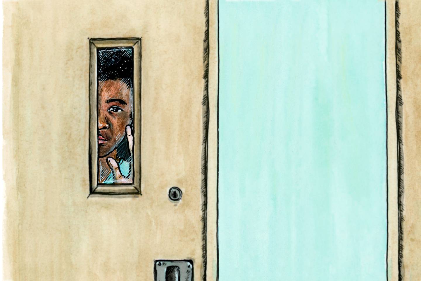 A teenager peers out of the door of a locked unit for people with behavioral issues in the emergency department where he has been living for about a month. The unit has rooms stripped of all but a bed, a television and a chair.