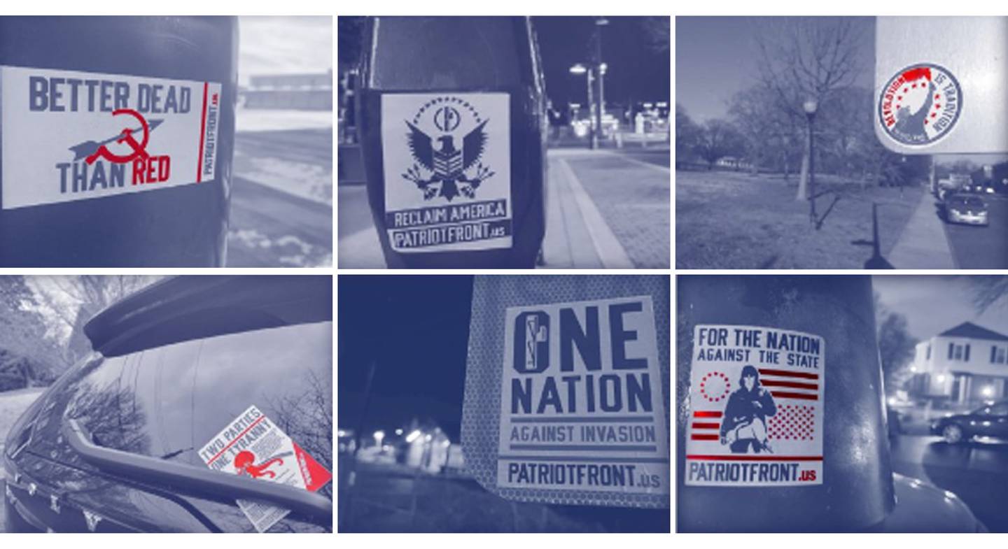 Six photographs showing Patriot Front stickers on poles, traffic signs, and stuck in car windshield wipers. Messages include “Better Dead than Red,” “Reclaim America,” and “Revolution is Tradition.”