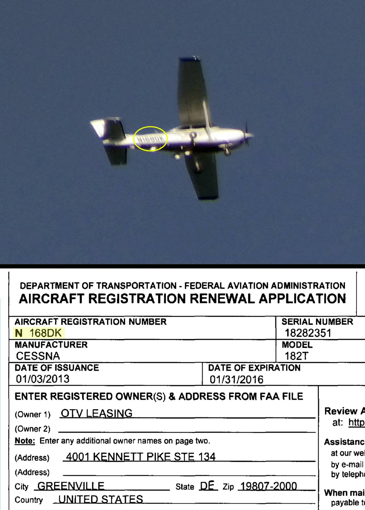 Top: Photo of a plane flying over West Baltimore. Bottom: FAA registration documents.