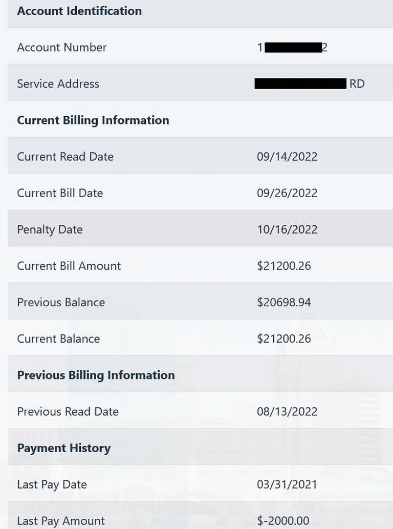 A screenshot from the Baltimore City website shows that the home of Democratic gubernatorial nominee Wes Moore and his wife Dawn Moore has an outstanding water bill of more than $21,000. The Moores' address and account number has been redacted by The Baltimore Banner.