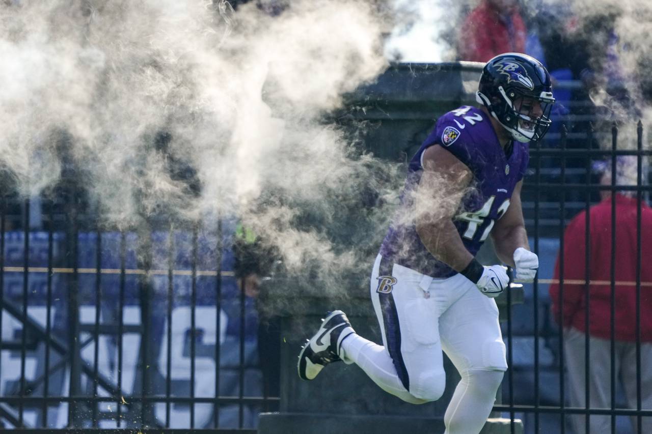 Baltimore Ravens fullback Patrick Ricard (42) enters the field for the game against the Seattle Seahawks at M&T Bank Stadium on Sunday, Nov. 5, 2023.