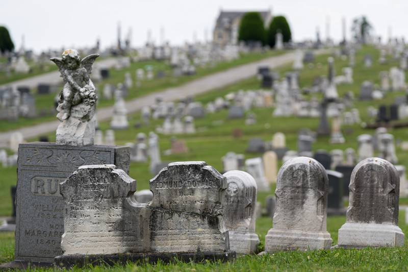 Gravestones rest inside Baltimore Cemetery on July 29, 2022. The mysterious casket of Mathilda Lorenz was originally found down by a stream in Wyman Park.