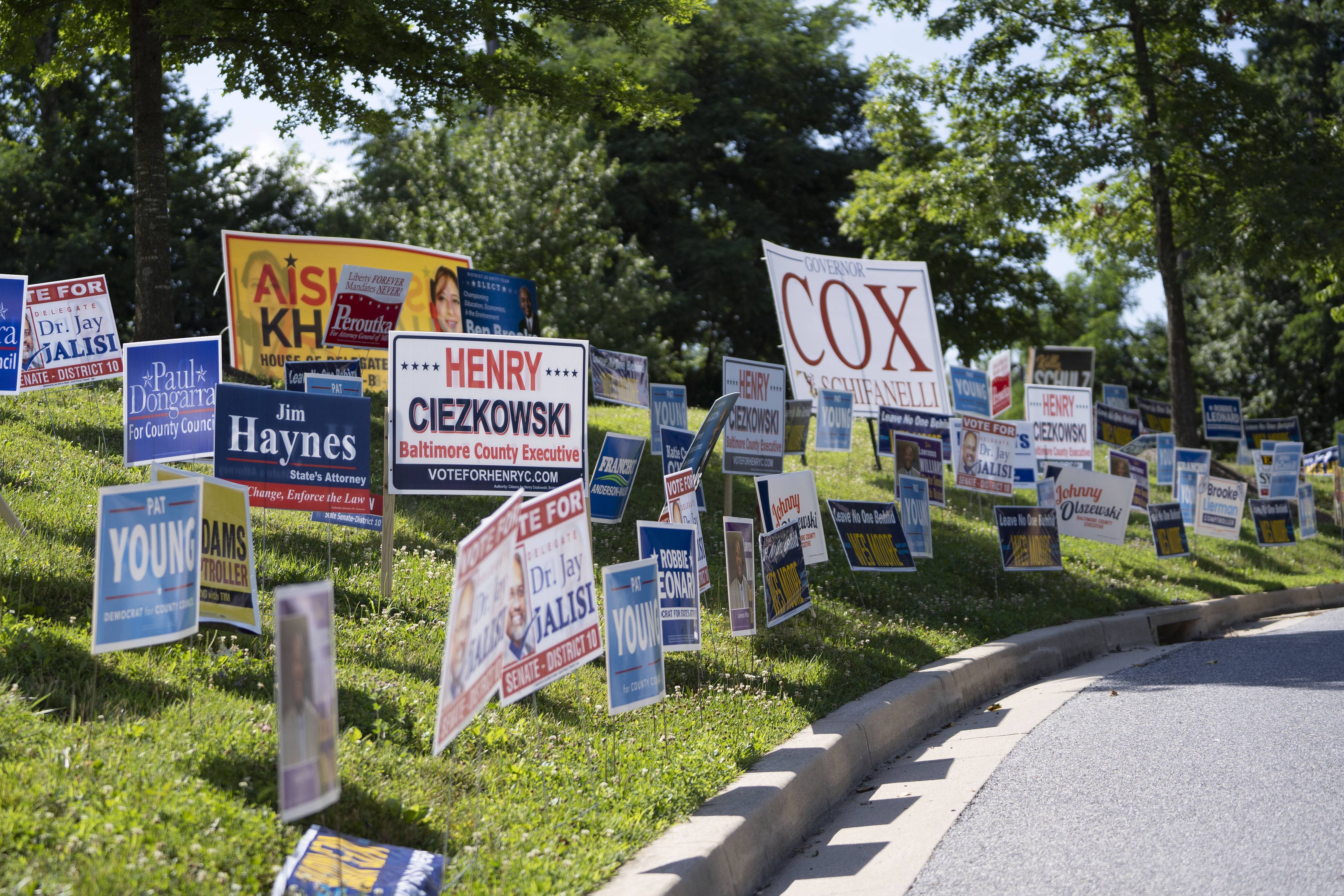 Campaign signs line the road leading to Arbutus Recreation Center, an early voting location in Baltimore County.
