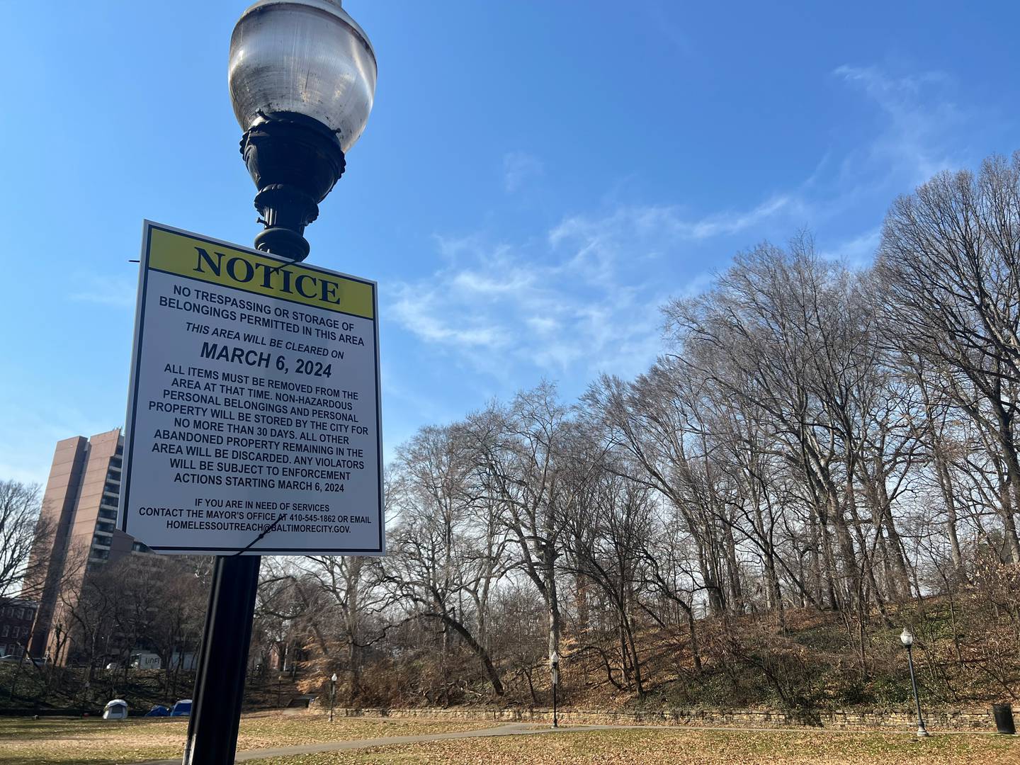 Several unhoused people previously staying in Wyman Park Dell have opted in for services and been placed in hotels ahead of the March 6 clearing of the site.
