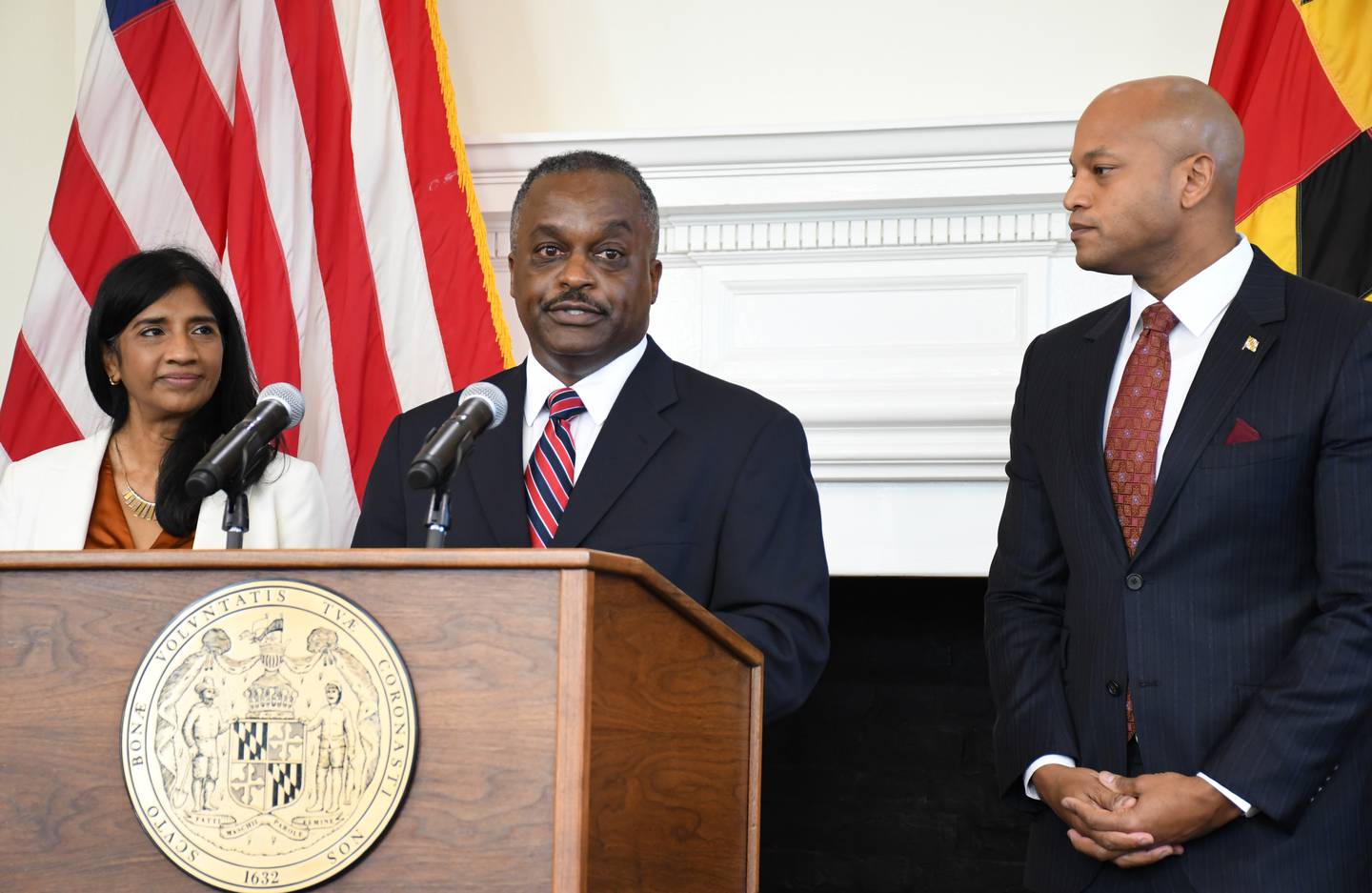 Roland Butler, who has been nominated to be superintendent of the Maryland State Police, speaks during a press conference at the State House in Annapolis on Thursday, Feb. 23, 2023. He's flanked by Lt. Gov. Aruna Miller, left, and Gov. Wes Moore, right.