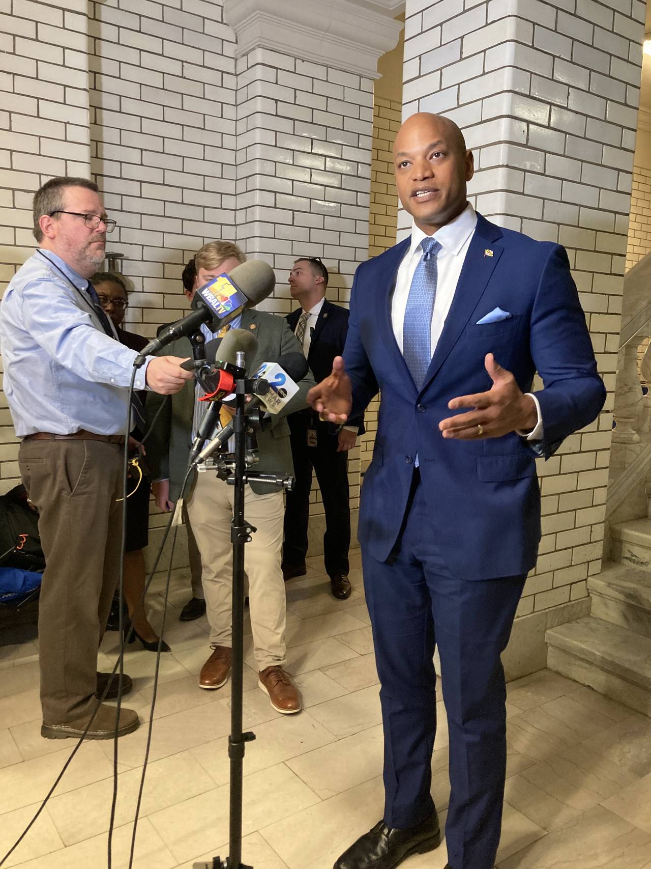 Maryland Gov. Wes Moore speaks to reporters about the state budget and his proposed legislation on the final day of the Maryland General Assembly session, Monday, April 8, 2024.
