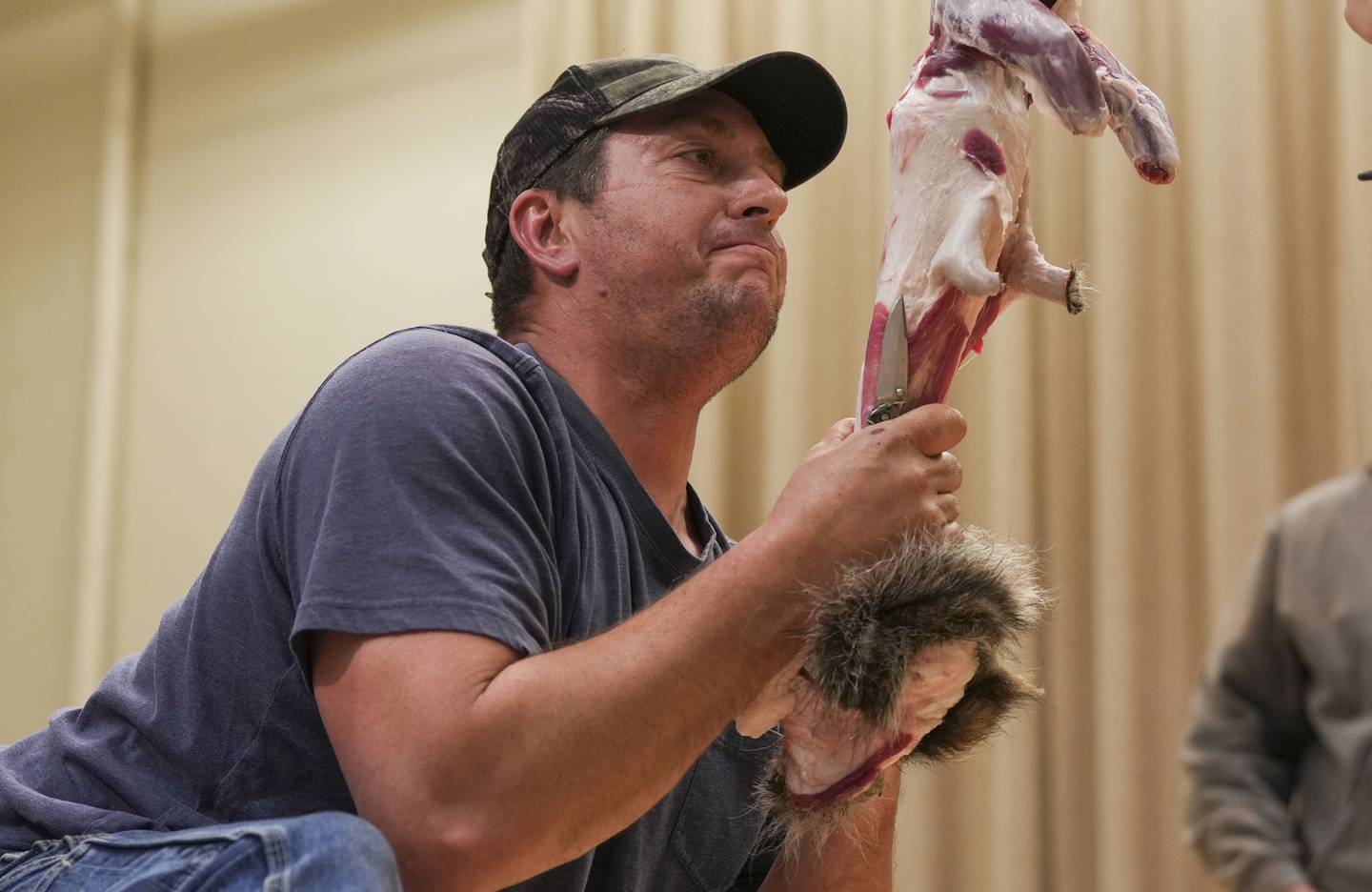 Mike Haas rips the pelt from a raccoon during the senior raccoon skinning competition.
