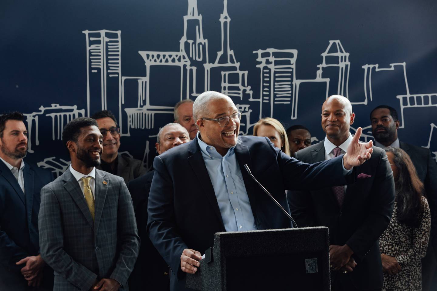 MCB Real Estate Co-Founder David Bramble speaks at a press conference where the company’s plans for the Harborplace development are revealed, at the Light Street pavilion on Monday, Oct. 30, 2023 in Baltimore, MD.